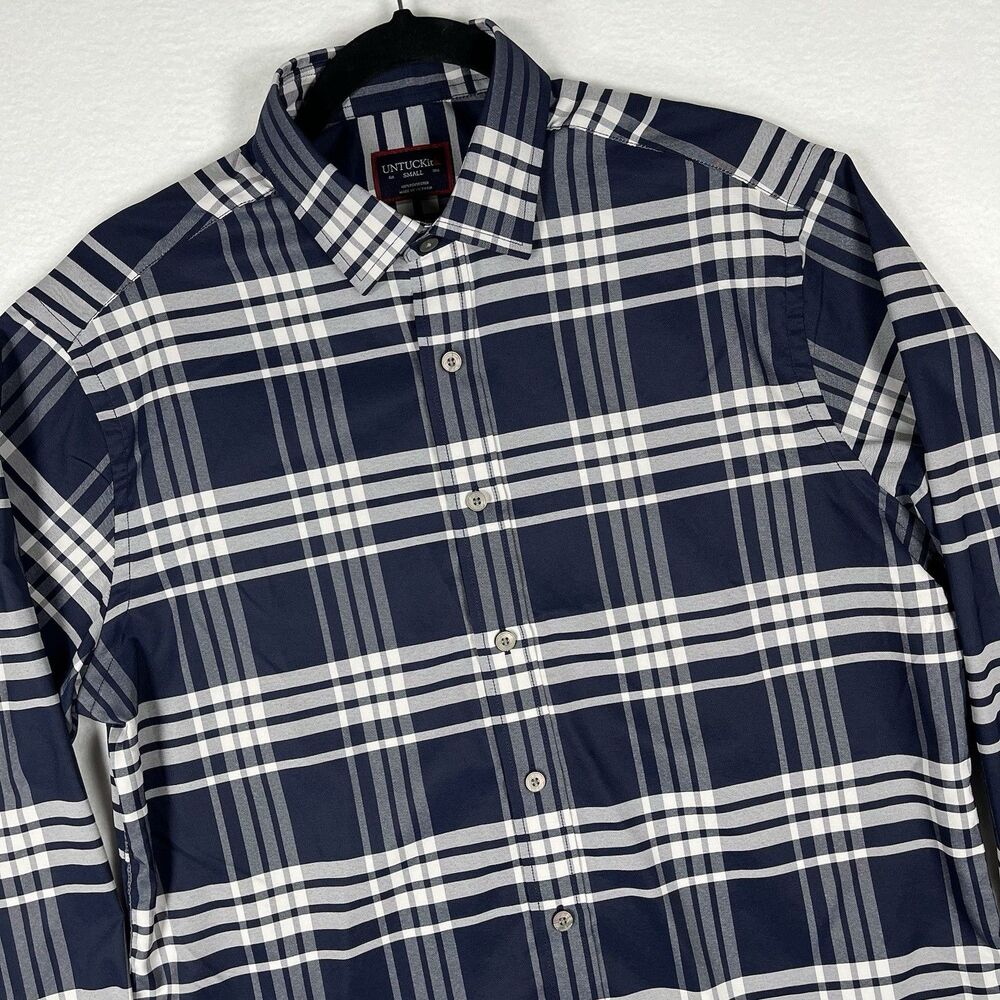 UNTUCKit Delucca Shirt Mens Small S Navy Blue White Plaid Long Sleeve Casual S